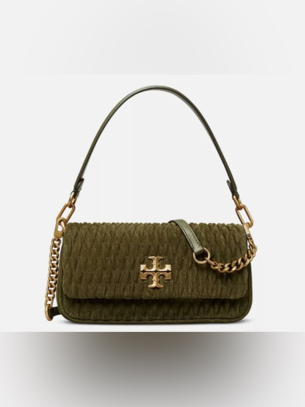 Tory Burch Olive Quilted Suede Shoulder Bag with Gold Logo - Picture 8 of 9